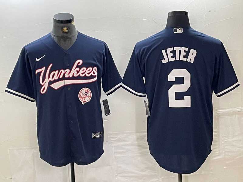 Mens New York Yankees #2 Derek Jeter Navy With Patch Cool Base Stitched Baseball Jersey